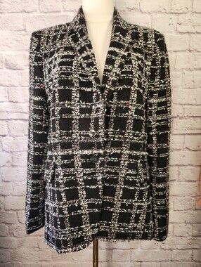 Argent Blazer Single Button in Plaid Metallic black & white Tweed Size 14
